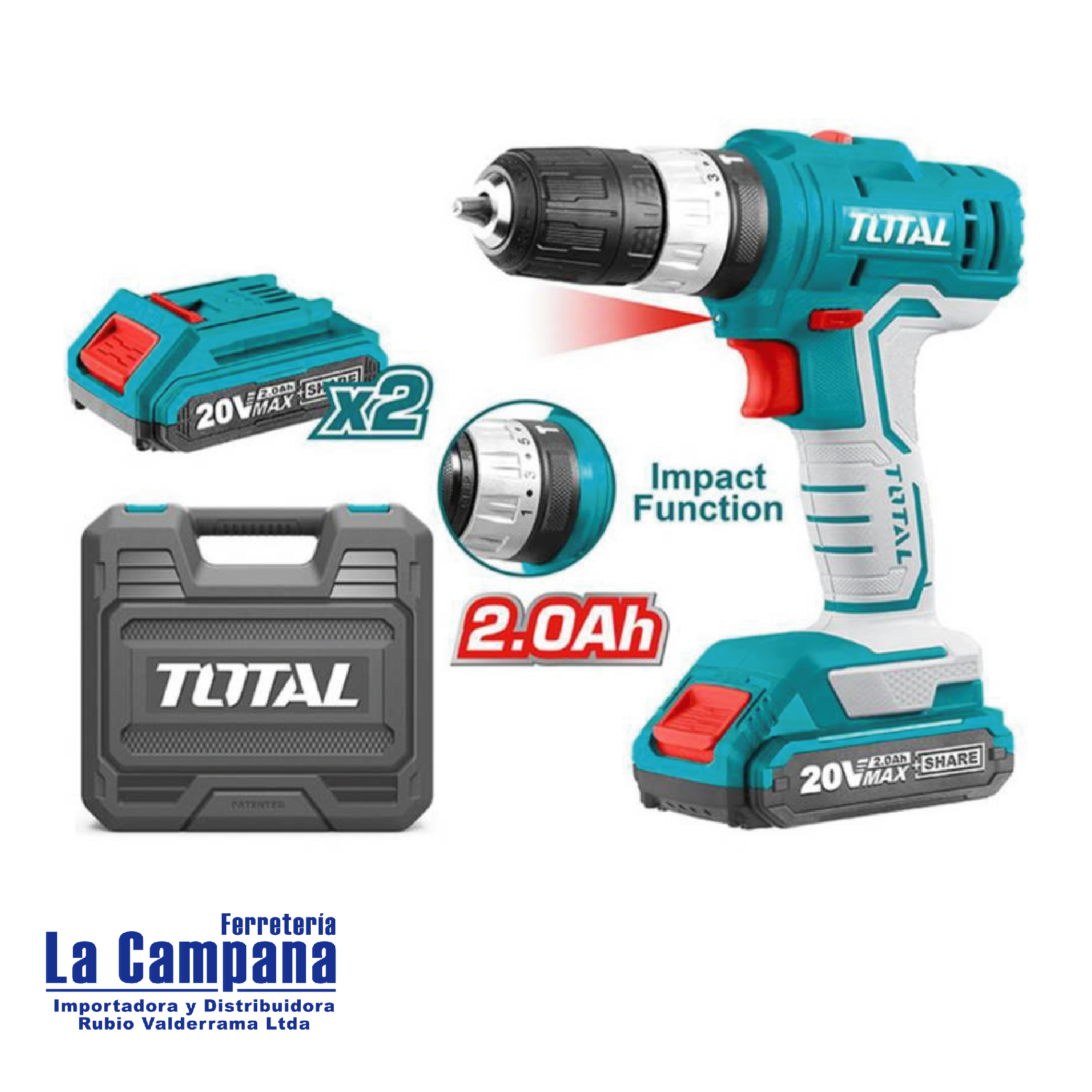 Taladro Atornillador Inalambrico 10mm 20v 2bat + Carg Total